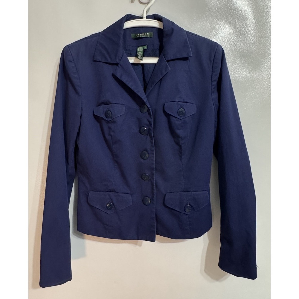 Lauren Ralph Lauren Size 6 Blue Silk Cotton Blend Blazer Women's Button Career
